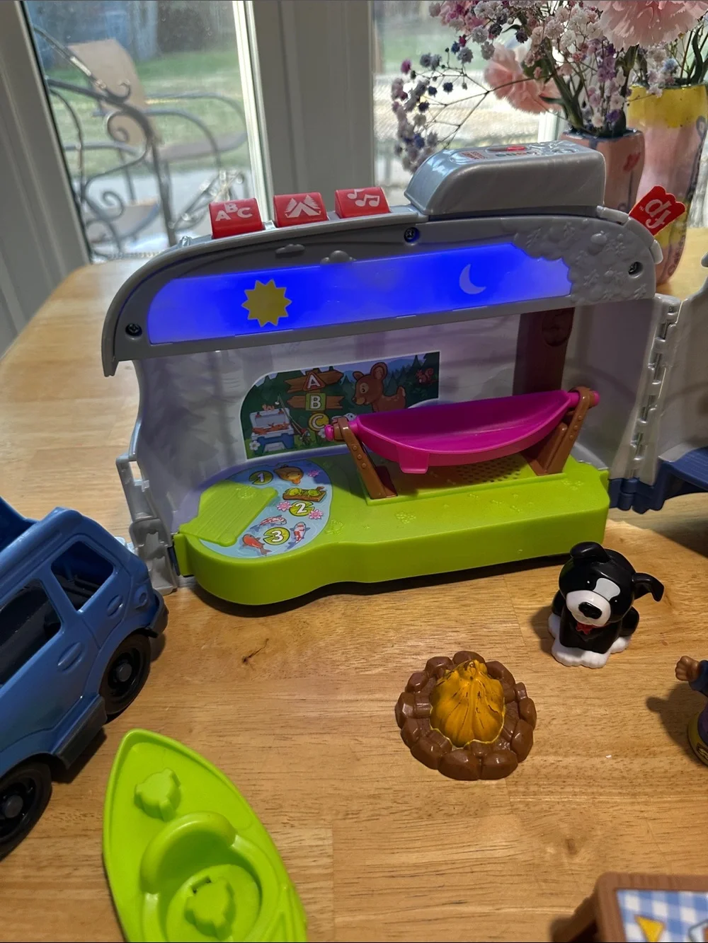 Fisher Price Little People Camper Playset with Blue Truck and Lime Kayak
